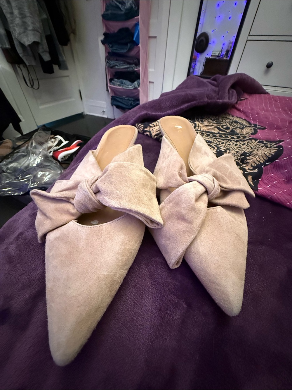 Joie Suede Bow Mule Heels Blush Pink Pointed Toe Slides